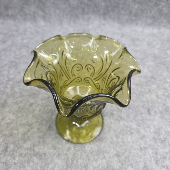 Imperial Atterbury Scroll Green Ruffled Glass Compote Olive Verde Candy Dish - Picture 3 of 13